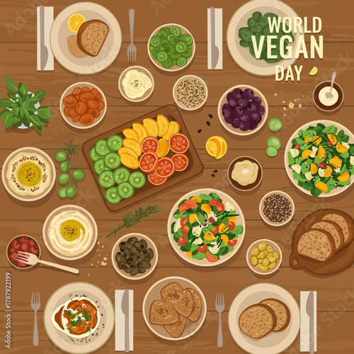 Flat lay of various vegan dishes and food items on a wooden table with 'World Vegan Day' text and a green clover logo.