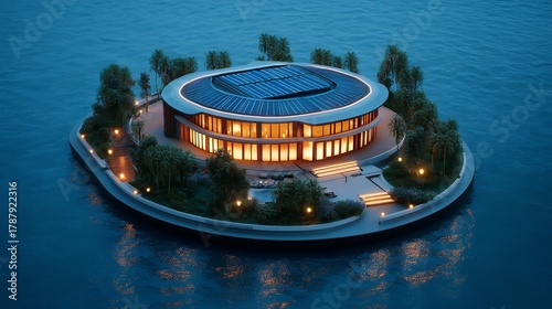 Circular Modern Island House at Night with Solar Panels