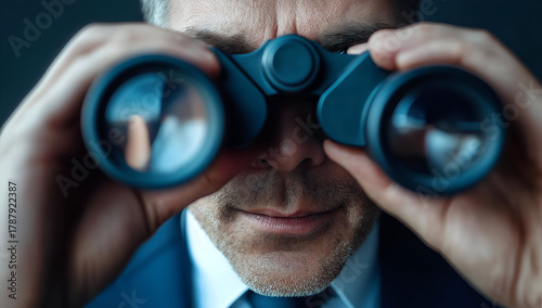 A focused businessman using binoculars to survey the horizon, representing vision and foresight in business strategies.