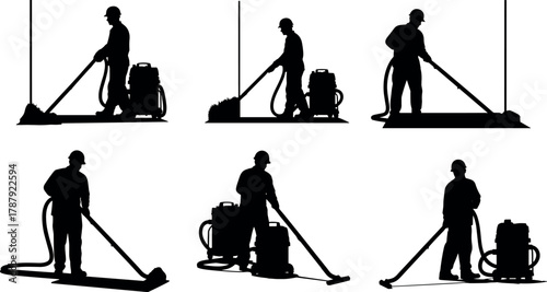 Floor cleaning machine operator silhouette set, cartoon workers using vacuum and scrubber illustration, vector industrial hygiene concept, black and white graphic