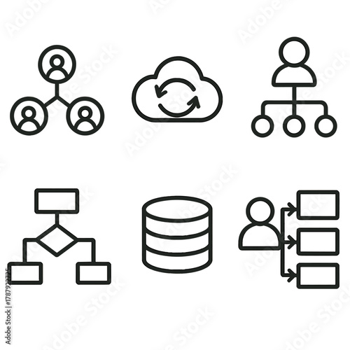 Data Integration Network. Customer data integration outline icon set: network nodes, cloud sync, profile icons, flowchart, database, connected arrows.,