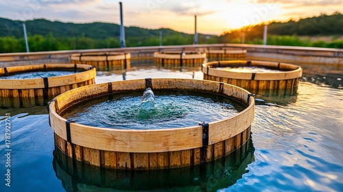 Circular Wooden Water Treatment Basins at Sunset