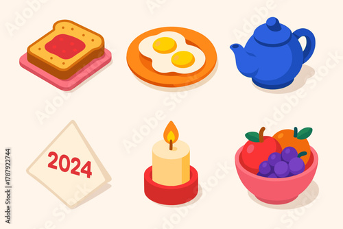 Cozy Breakfast Icons. New Year Cozy Breakfast modern flat icon set: toast, scrambled eggs, tea pot, fruit bowl, napkin, candle.