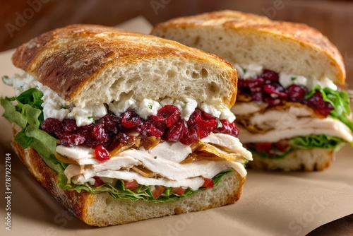 Gourmet sandwich featuring layers of succulent roasted turkey breast, vibrant cranberry relish, creamy feta cheese, crunchy lettuce, and fresh tomato slices in an artisanal rustic roll