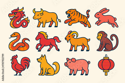 Modern Zodiac Icons. Chinese New Year Zodiac Symbol modern flat icon set: dragon emblem, golden ox, roaring tiger, leaping rabbit, majestic snake, galloping horse, gentle goat,