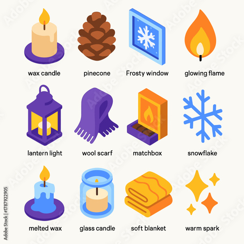 Wintertide Icon Collection. Winter Candle Glow modern flat icon set: wax candle, pinecone, frosty window, glowing flame, lantern light, wool scarf, matchbox, snowflake, melted wax,