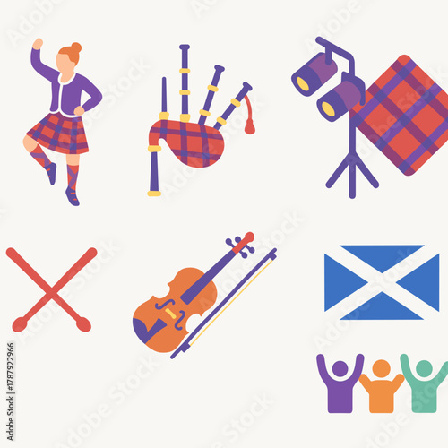 Burns Night Icons. Burns Night Highland Dance modern flat icon set: dancer in kilt, bagpipes, drumsticks, stage lights, tartan cloth, fiddle bow, flag of Scotland, cheering crowd.