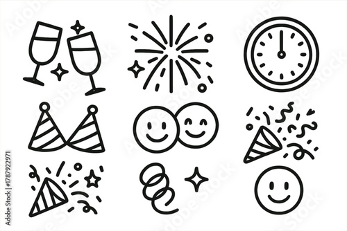 New Year Icons. New Year Celebration Together outline icon set: clinking champagne glasses, fireworks burst, countdown clock, party hats, confetti popper, ribbon swirl, smiling