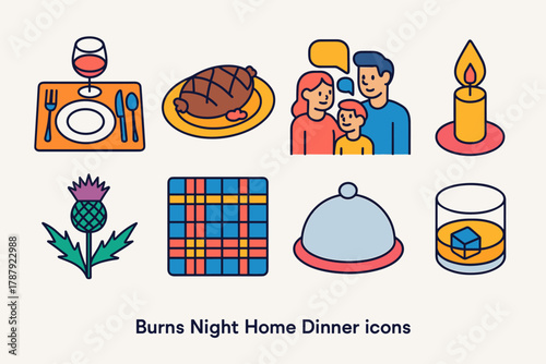 Burns Night Icons. Burns Night Home Dinner modern flat icon set: table setting, haggis dish, family chatting, candle flame, thistle flower, tartan pattern, serving tray, glass of
