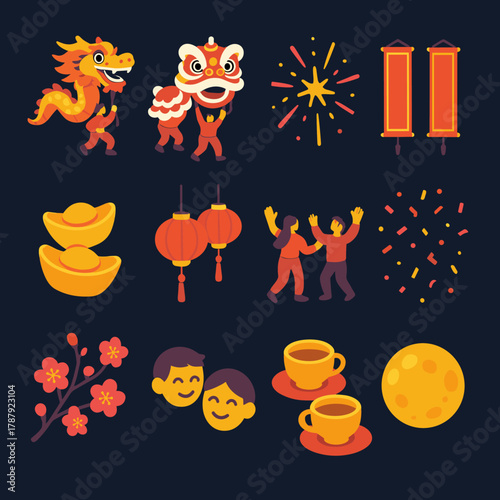 Lunar New Year Icons. Lunar New Year Celebration Night modern flat icon set: dancing dragon, lion performers, fireworks sparkle, red banners, golden ingots, glowing lanterns,