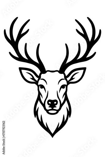 Majestic Deer Head Silhouette Vector Art with Prominent Antlers, Elegant Black and White Line Drawing of a Stag, Perfect for Logos, T-Shirts, and Nature-Inspired Designs