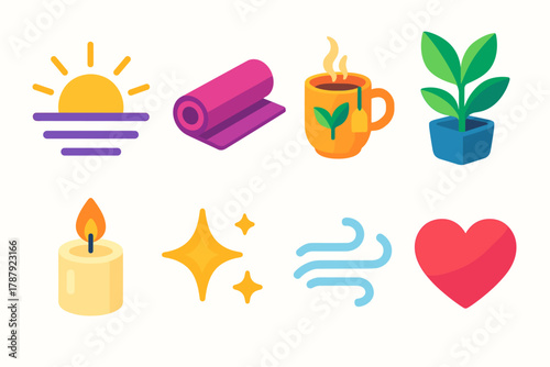 Holistic Wellness Icons. Holistic Harmony modern flat icon set: sunrise, yoga mat, herbal tea, plant, candle, sparkle, breath wave, heart.