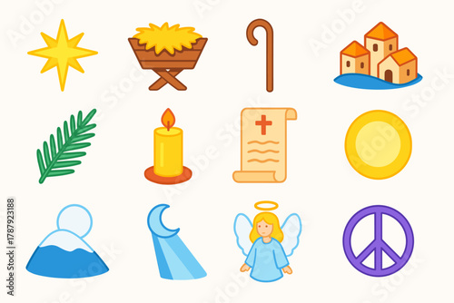 Bethlehem Night Icons. Bethlehem Night Blessing modern flat icon set: glowing star, humble manger, shepherd’s crook, village roofline, pine branch, golden candle, prayer scroll,