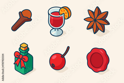 Festive Icons Collection. Festive Essence modern flat icon set: clove pod, mulled wine glass, star anise, ribboned bottle, red berry, wax seal.