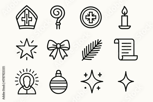 St. Nicholas Symbols. Sacred Symbols of St. Nicholas outline icon set: mitre crown, shepherd staff, gold trim, cross, candlelight, star, ribbon, pine branch, scroll, glowing aura,