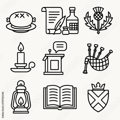 Scottish Icons Collage. Address to a Haggis Performance outline icon set: haggis on plate, poetry scroll, quill and inkpot, whisky decanter, tartan ribbon, thistle emblem, candle