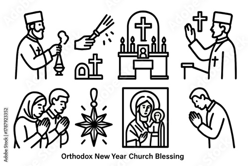 Orthodox Church Blessing. Orthodox New Year Church Blessing outline icon set: priest with censer, holy water sprinkler, church altar, glowing candles, cross blessing, icon panel,
