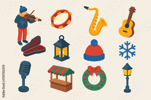 Vibrant Holiday Music Icons. Holiday Music Corner modern flat icon set: street violinist, tambourine, saxophone, guitar, microphone, candle lantern, wool hat, snowflake, open case,