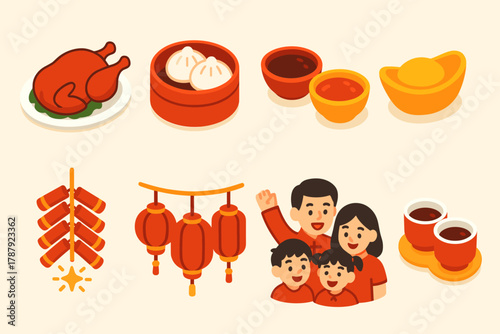 Festive Icon Celebration. Chinese New Year Festive Banquet modern flat icon set: roasted duck, steamed buns, dipping sauce bowls, golden ingot, firecrackers, lantern chain, joyful