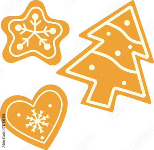 christmas gingerbread cookies set. Assorted gingerbread cookies, star, heart, and Christmas tree decorated with neat white icing and snowflake motif. flat vector