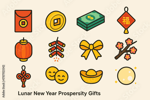Lunar New Year Icons. Lunar New Year Prosperity Gifts modern flat icon set: red packet, gold coin, paper money, lucky charm, glowing lantern, festive firecrackers, golden ribbon,