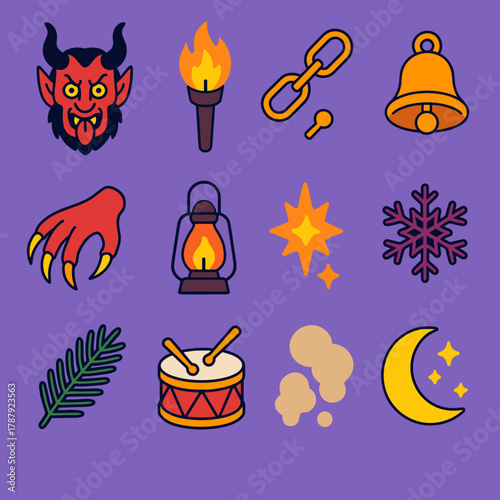 Krampus Icon Set. Krampus Fire Torches modern flat icon set: Krampus mask, flaming torch, chain, bell, claw, lantern, ember sparks, snowflake, pine branch, drum, smoke, moonlight.