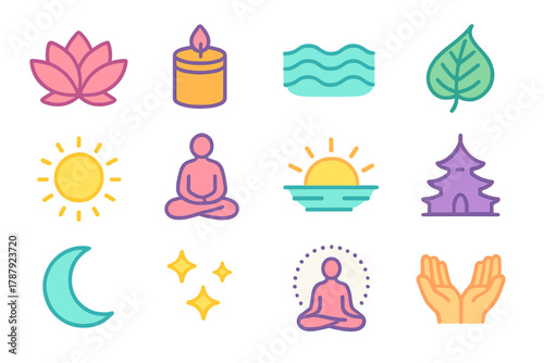 Bodhi Day Icons. Bodhi Day Serenity modern flat icon set: lotus flower, candle jar, soft water, Bodhi leaf, halo light, meditating form, sunrise, temple silhouette, moon, gentle
