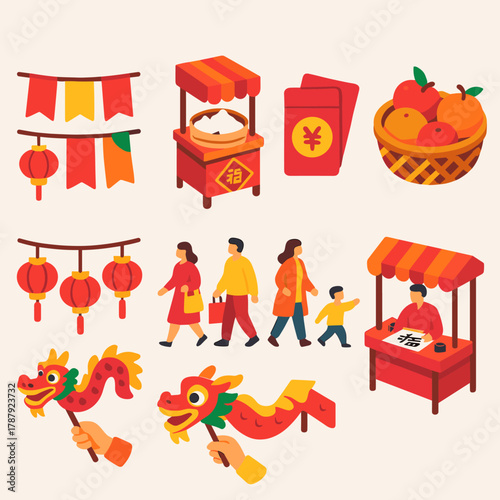 Lunar Festival Icons. Lunar New Year Festival Market modern flat icon set: colorful banners, dumpling stand, red envelopes, fruit baskets, lantern strings, bustling shoppers,