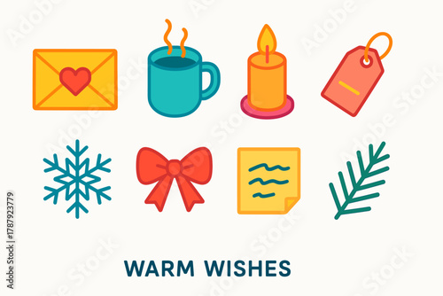 Cozy Winter Icons. Warm Wishes modern flat icon set: envelope with heart, steaming mug, candle flame, gift tag, snowflake, ribbon bow, handwritten note, pine sprig.