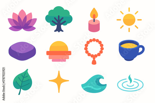 Bodhi Day Icons. Bodhi Day Inner Light modern flat icon set: lotus flower, Bodhi tree, candle flame, glowing light, meditation cushion, sunrise, prayer beads, tea cup, Bodhi leaf,
