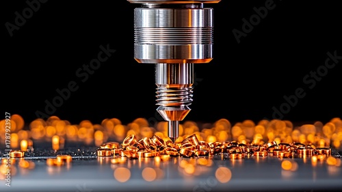 Close Up of a Drill Bit Descending onto Shiny Orange Metal Pieces