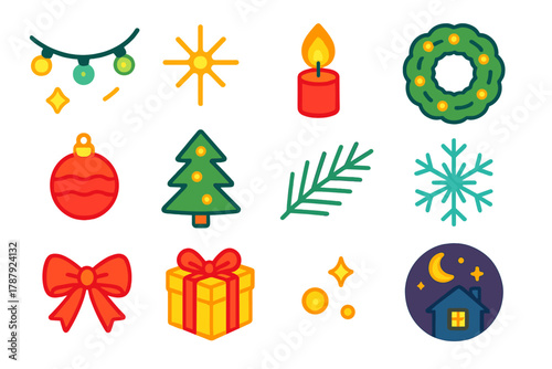 Festive Icon Collection. Festive Glow modern flat icon set: light string, starburst, candle flame, wreath, ornament, glowing tree, pine branch, snowflake, ribbon bow, gift box,