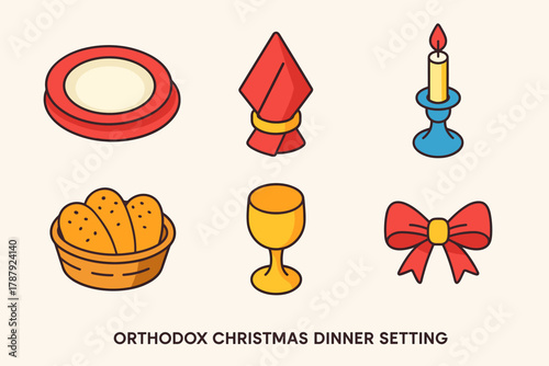 Orthodox Christmas Icons. Orthodox Christmas Dinner Setting modern flat icon set: ceramic plates, folded napkin, bread basket, candle stand, goblet, festive ribbon.