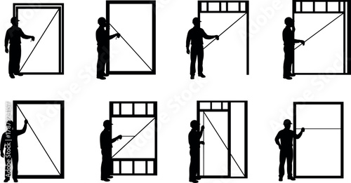 Frame squareness check silhouette set, cartoon workers measuring diagonals illustration, construction accuracy concept, vector carpentry inspection scene, black and white graphic