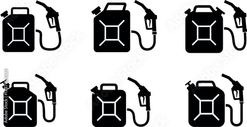 Fuel canister and nozzle icon set, cartoon jerry can silhouette illustration, vector fuel storage and dispensing concept, black and white graphic
