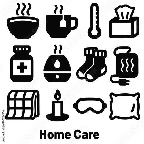 Home Comfort Icons. Home Care bold vector icon set: hot soup, tea cup, thermometer, tissue, medicine bottle, humidifier, cozy socks, heating pad, blanket, candle, sleep mask,