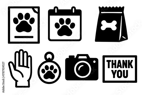 Pet Drive Icons. Community Pet Drive bold vector icon set: poster, calendar, crate, treat bag, volunteer hand, pet ID tag, camera, thank you sign.