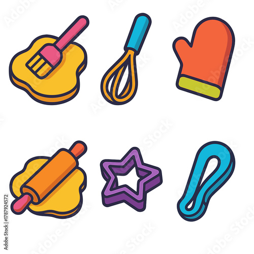 Baking Icon Set. Baking in Progress modern flat icon set: flattened dough, pastry brush, whisk, rolling pin, cookie cutter, oven mitt.