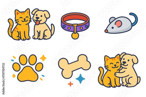 Furry Party Icons. Furry Friends Celebration modern flat icon set: playful pets, decorated collar, pet dish, toy mouse, happy paw mark, treat bone, festive sparkle, cuddly pair.