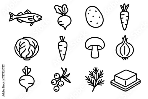 Seasonal Ingredients Icons. Seasonal Ingredients outline icon set: cod fish, beetroot, potato, carrot, cabbage, parsnip, mushroom, onion, turnip, juniper berries, dill herb, butter