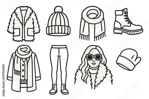 Winter Fashion Icons. Snowy Street Style outline icon set: faux fur coat, chunky knit hat, oversized scarf, combat boots, layered outfit, warm leggings, statement sunglasses, hand