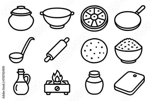 Traditional Cooking Utensils. Traditional Cooking outline icon set: clay pot, brass bowl, spice box, tawa pan, ladle, rolling pin, chapati, rice bowl, oil bottle, flame stove,