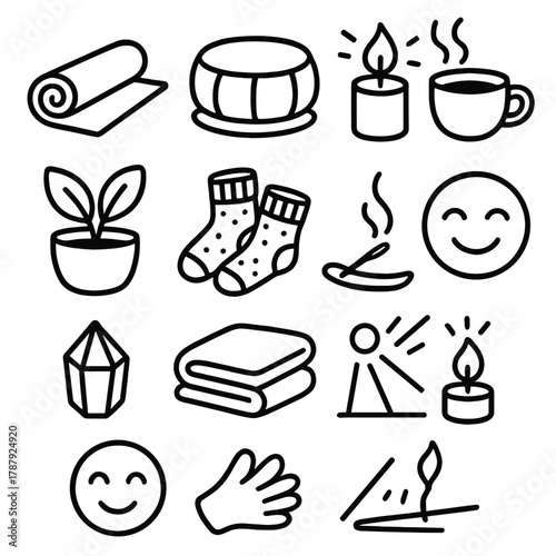 Serene Yoga Essentials. Peaceful Home Practice outline icon set: yoga mat, cushion, candle flame, cup of tea, plant, cozy socks, soft glow, incense, folded blanket, sunlight beam,