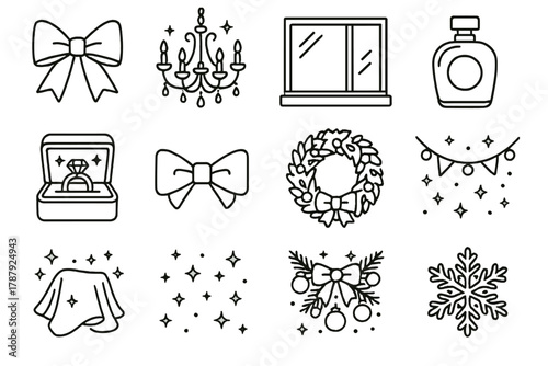 Chic Holiday Display. Luxury Storefront outline icon set: gold ribbon, chandelier, polished window, perfume bottle, jewelry box, bow tie, wreath, lights, velvet cloth, sparkle dust