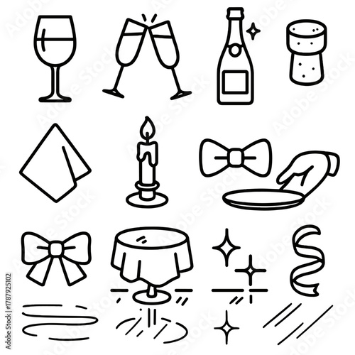 Elegant Toast Icons. Elegant Toast outline icon set: wine glass, flute, gold bottle, cork, napkin, candlelight, bow tie, tray, ribbon, tablecloth, reflection, sparkle.