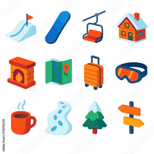 Snowy Resort Icons. Snowy Resort Experience modern flat icon set: ski slope, snowboard, chairlift, alpine lodge, fireplace, map, travel bag, goggles, hot drink, snow trail, pine