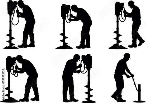 Ground drilling operator silhouette set, cartoon workers using auger and soil probe illustration, construction sampling concept, vector geotechnical scene, black and white graphic