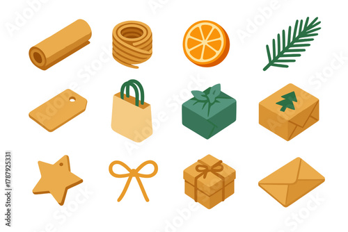 Eco-Friendly Gift Wrap Icons. Eco-Friendly Holiday Wrap modern flat icon set: kraft paper, jute twine, dried orange slice, sprig of pine, paper tag, reusable bag, fabric wrap, hand