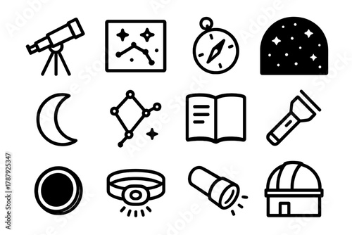 Stargazing Tools Icons. Stargazing Equipment outline icon set: telescope, tripod, star chart, compass, night sky, moon, constellation, notebook, flashlight, lens cover, red light,