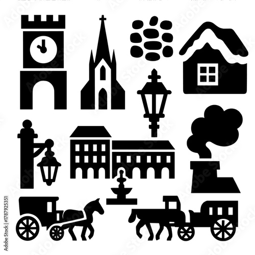Brutalist Town Icons. Historic Old Town bold vector icon set: clock tower, cathedral spire, cobblestone street, snow-covered roof, lamppost, town square, horse carriage, chimney